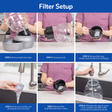 Step-by-step guide to setting up a Petmate Replendish Pet Waterer With Microban: remove bottle from base, unscrew lid, prepare charcoal filter with Microban Antimicrobial Protection, rinse it, replace it, fill the bottle, and secure the lid.