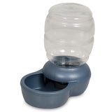 The Petmate Replendish Pet Waterer With Microban, by Petmate, is a blue and clear plastic waterer with a large textured container and easy-flow dish, ensuring fresh hydration for your pet.