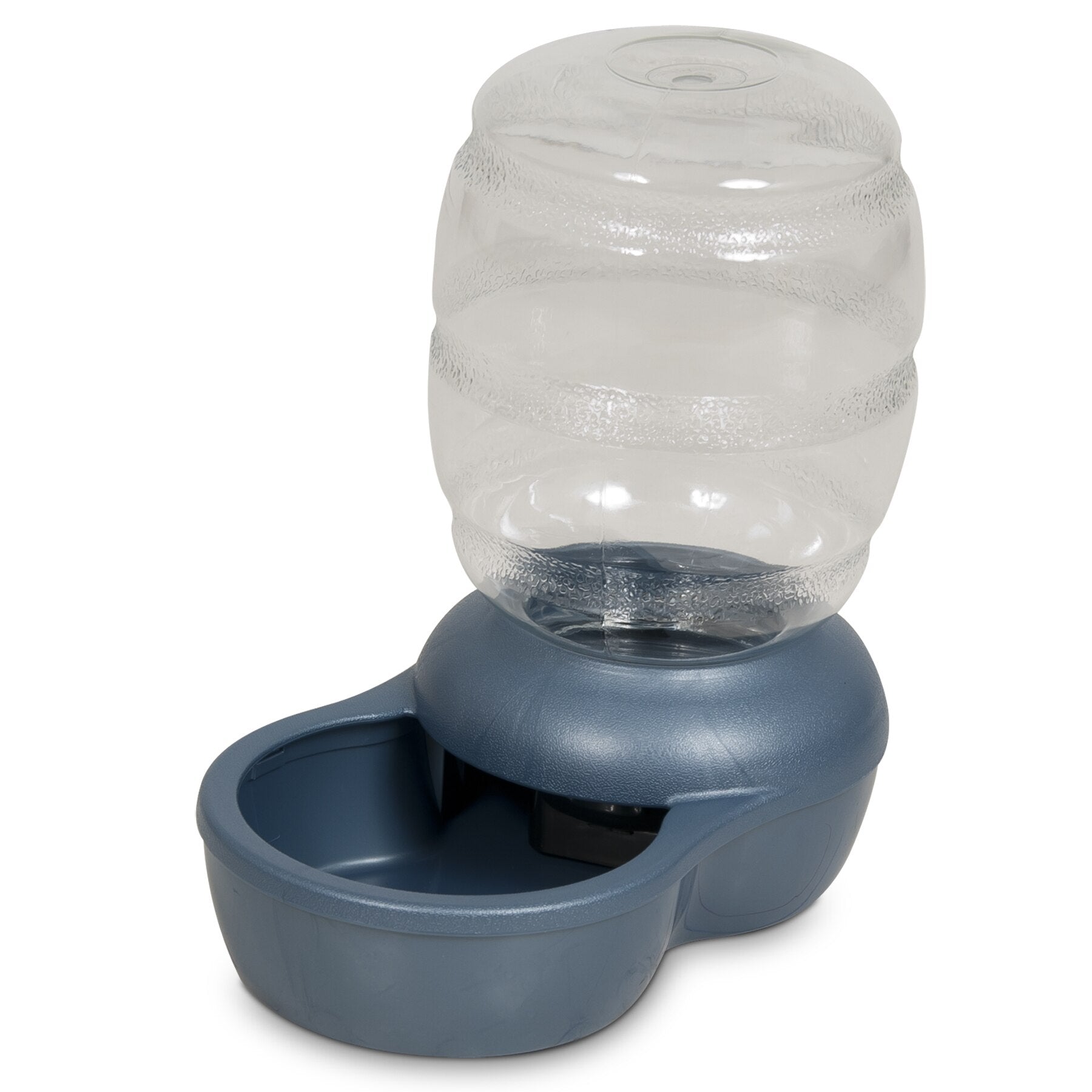 The Petmate Replendish Pet Waterer With Microban, by Petmate, is a blue and clear plastic waterer with a large textured container and easy-flow dish, ensuring fresh hydration for your pet.