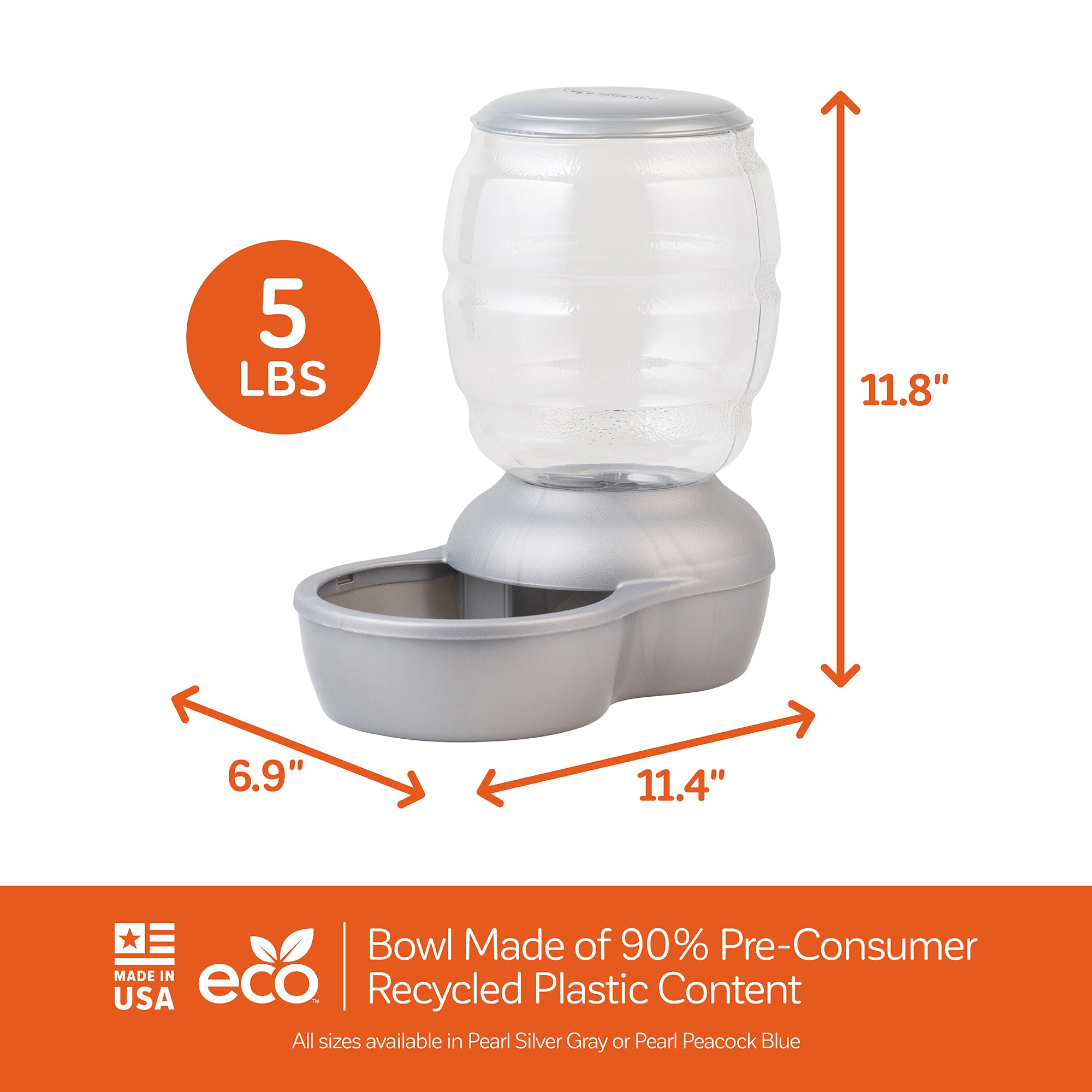 The Petmate Replendish Pet Feeder With Microban is a USA-made, gravity-controlled water dispenser, crafted from 90% pre-consumer recycled plastic. It holds 5 lbs of water in its clear container (11.4 x 6.9 x 11.8 inches) and is available in two colors with Microban Antimicrobial Protection by Petmate.
