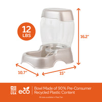 The Petmate Pet Cafe Feeder, in pearl tan with a see-through upper tank and base, measures 16.2H x 15W x 10.7D and holds 12 lbs. Made in the USA from 90% pre-consumer recycled plastic, it boasts an efficient food storage hopper design.