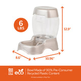 Introducing the Petmate Pet Cafe Feeder in pearl tan, made from 90% pre-consumer recycled plastic. Standing 12.9 tall, it holds 6 lbs of food and features a smart gravity design for hassle-free feeding. Proudly made in the USA by Petmate, this eco-friendly feeder is a great choice for your pets mealtime.