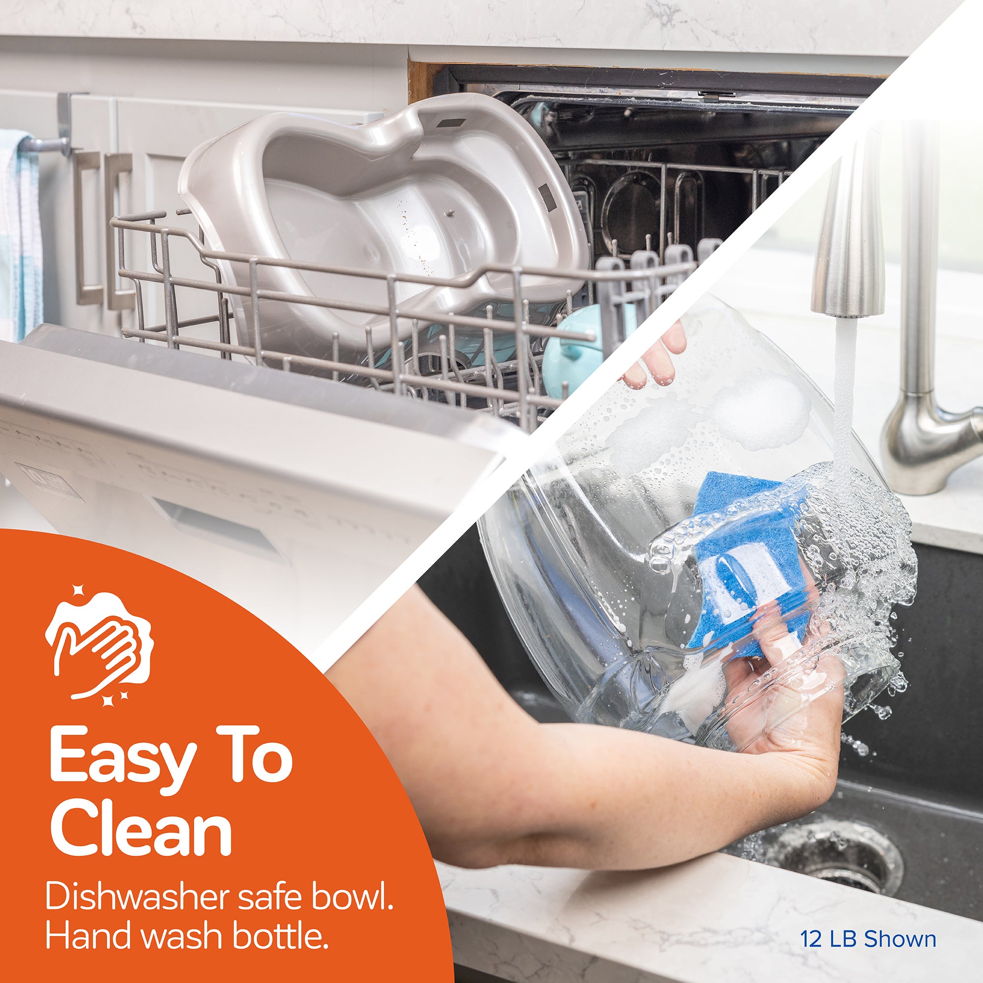 Top: Dishwasher-safe bowl from Petmate Pet Cafe Feeder; bottom: hand wash bottle. 12 LB model displayed.