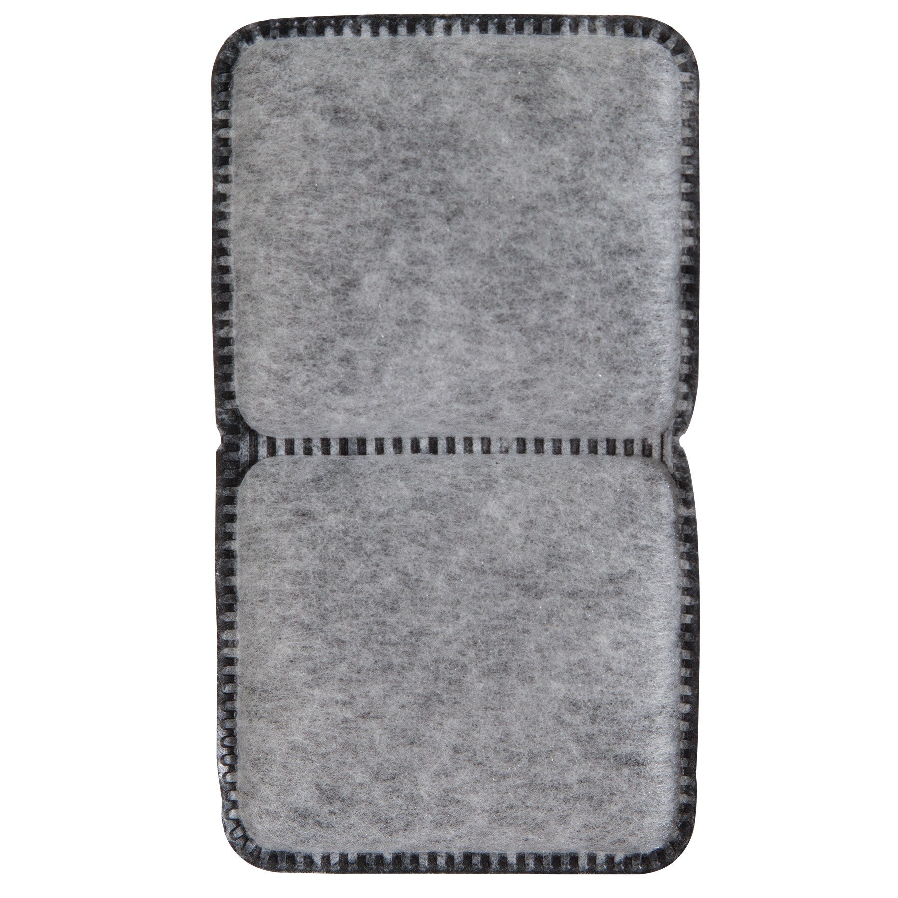 The Petmate Fresh Flow Replacement Charcoal Filter by Petmate is a rectangular, gray, felt-like filter with two sections and black, stitched edges featuring a grid pattern. Its soft, fibrous texture resembles charcoal filters and is ideal as replacement filters for pet water fountains.