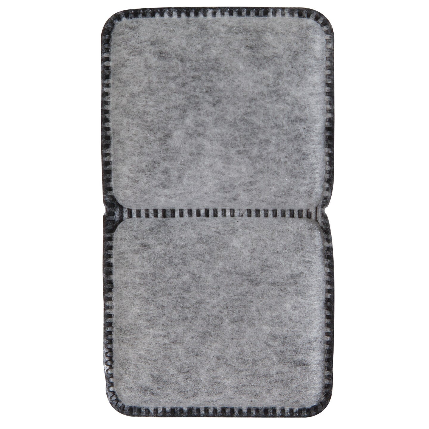 The Petmate Fresh Flow Replacement Charcoal Filter by Petmate is a rectangular, gray, felt-like filter with two sections and black, stitched edges featuring a grid pattern. Its soft, fibrous texture resembles charcoal filters and is ideal as replacement filters for pet water fountains.