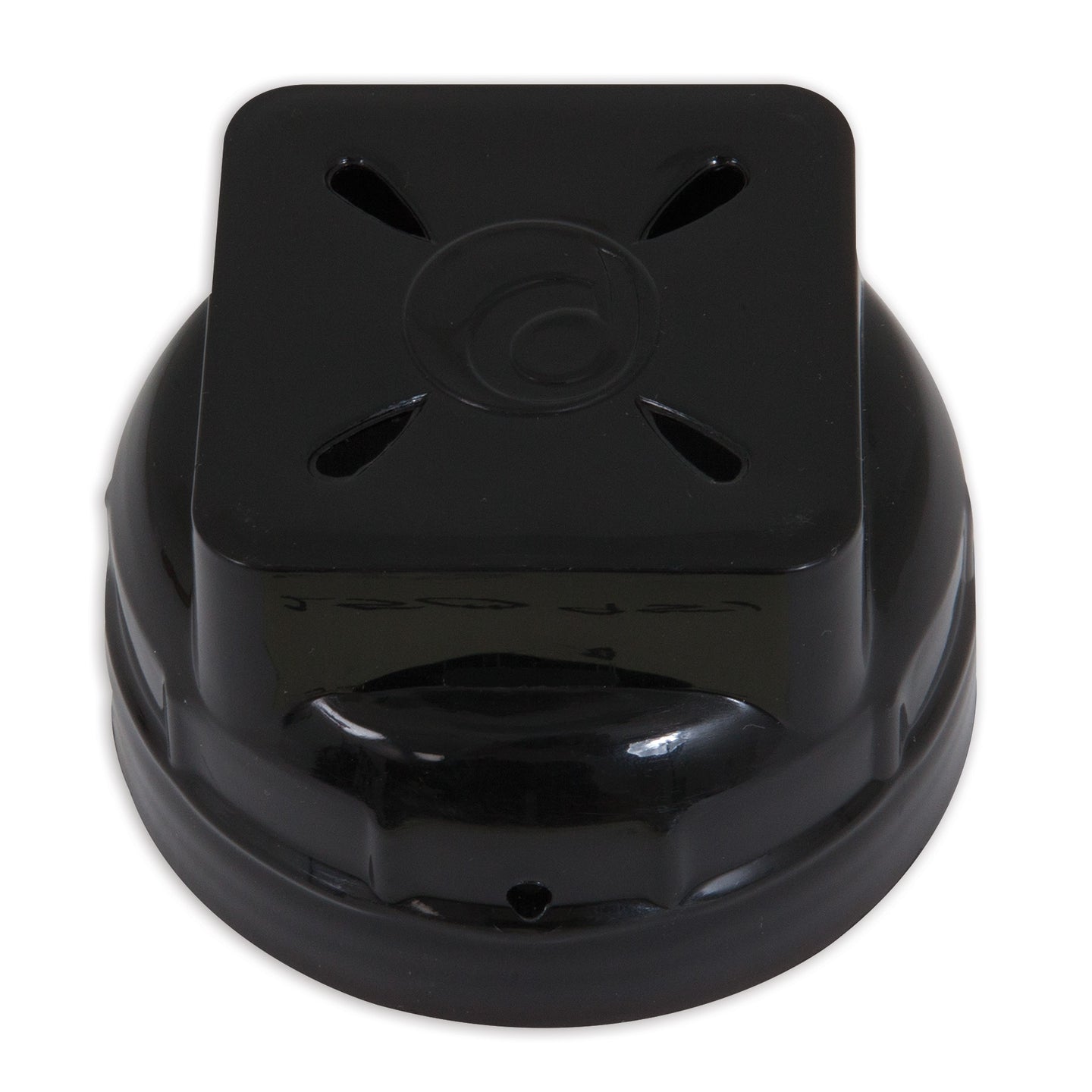 The Petmate Medium & Large Replendish Replacement Cap/Lid for Filter is a black, round cap with a square top, four curved slits, a central circular logo, and ridged edges. Designed to fit Petmate Replendish Waterers.