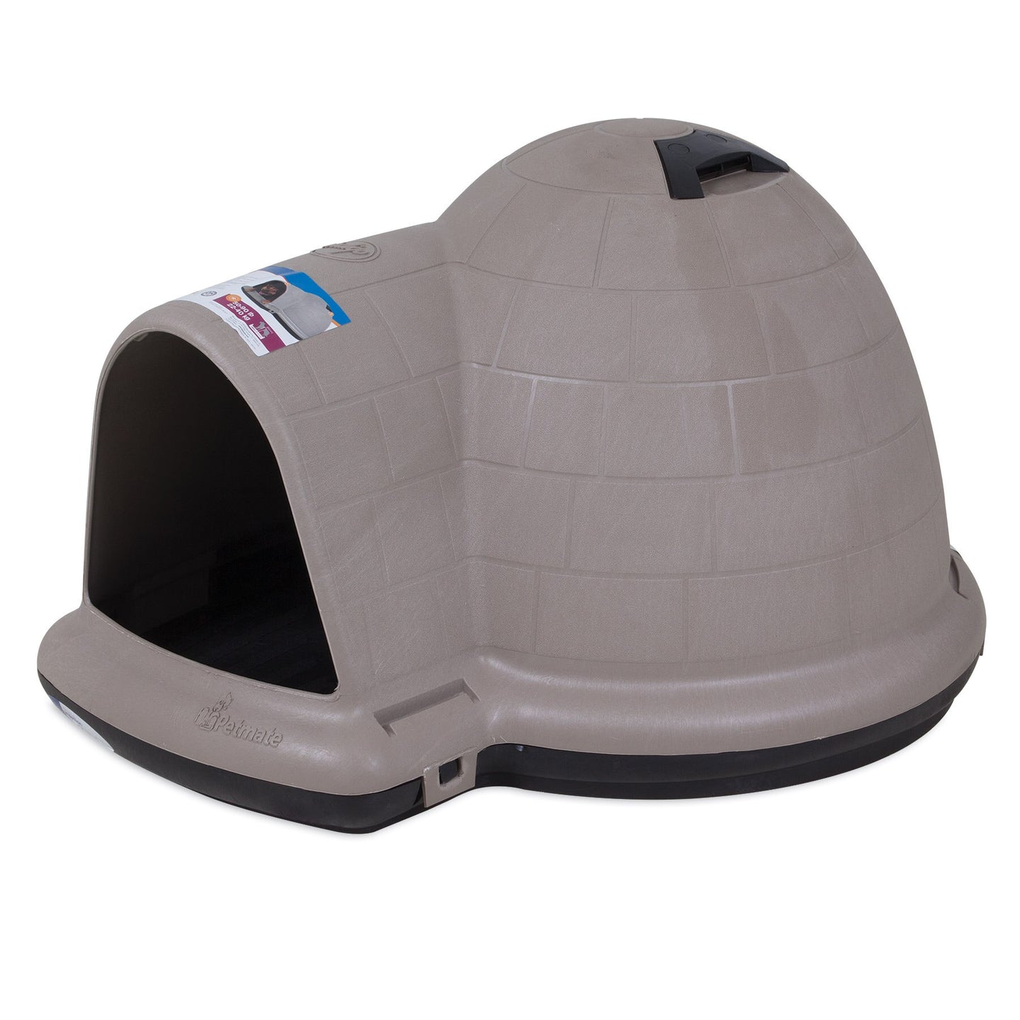 The Petmate Indigo Dog House by Petmate is a beige, igloo-shaped outdoor pet sanctuary with a black base and left-side entrance. It features a top handle and label with text and image, made from durable plastic, ideal for backyard settings.