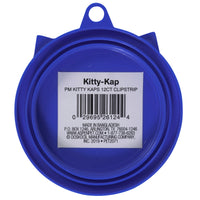 The blue circular Petmate Kitty Kaps Pet Food Can Topper features a barcode, production info, and company details. Produced in Bangladesh by Doskocil Manufacturing Company, Inc., it maintains pet food freshness and provides contact info with a website link.
