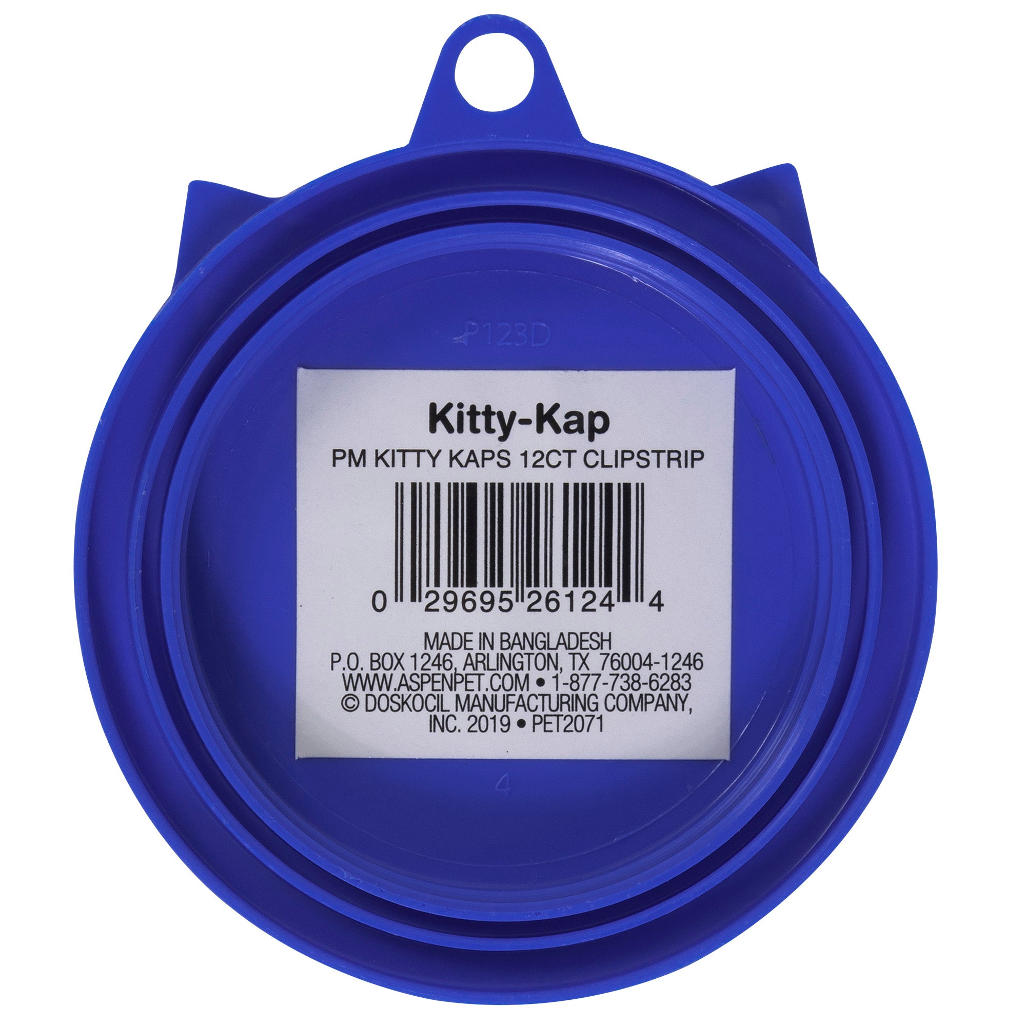 The blue circular Petmate Kitty Kaps Pet Food Can Topper features a barcode, production info, and company details. Produced in Bangladesh by Doskocil Manufacturing Company, Inc., it maintains pet food freshness and provides contact info with a website link.