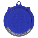 The Petmate Kitty Kaps Pet Food Can Topper is a round, blue silicone cat face cover with embossed features and a loop on top. Its gray band states Fits Four Sizes of Cans! This adorable solution keeps pet food fresh conveniently.