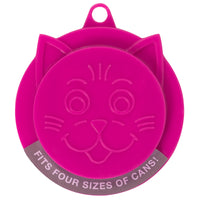 Meet the Petmate Kitty Kaps—a vibrant pink silicone can topper designed like a cat face. It features pointed ears, etched facial details, and Fits four sizes of cans! along the edge. A top loop ensures easy handling while keeping pet food fresh.