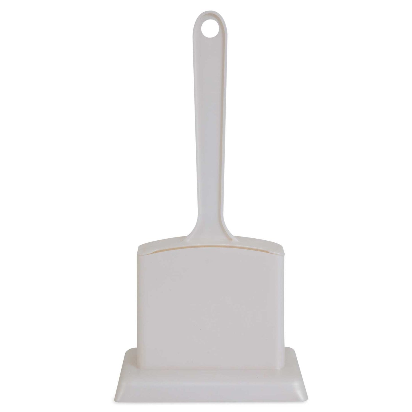 The Petmate Handy Stand Litter Scoop by Petmate is a white plastic scoop with a long handle and wide flat base for effective debris collection. A convenient hole in the handle allows for easy hanging and sanitary storage, helping maintain tidiness.