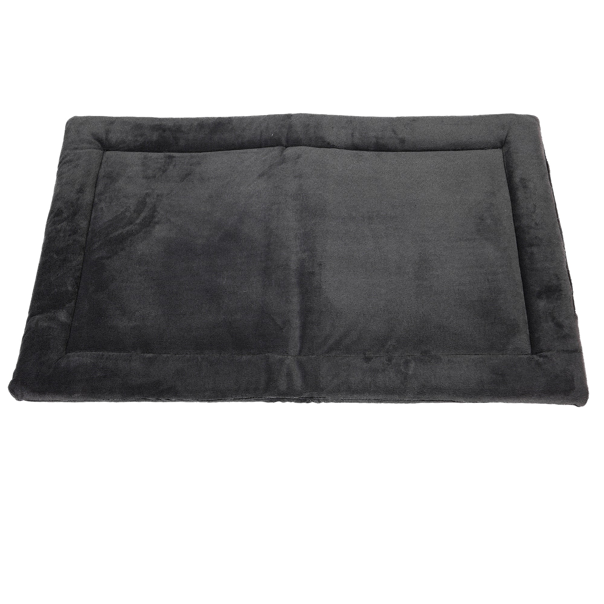 The Petmate Kennel Mat by Petmate is a rectangular, dark gray plush pet bed with raised edges and a non-skid bottom for stability, shown against a white background.