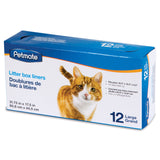 The packaging of Petmate Litter Box Liners, featuring an orange and white cat, shows theyre disposable plastic liners for large litter boxes. Each box contains 12 liners, with dimensions and multilingual text ensuring global accessibility.