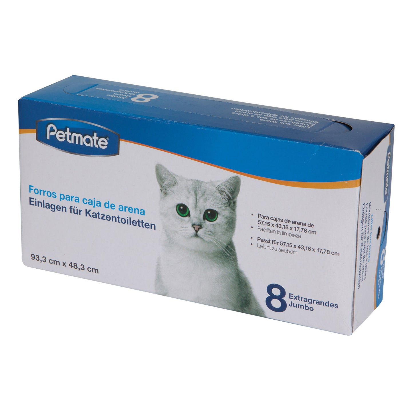 A Petmate Litter Box Liners package in blue and white shows a white cat. It includes 8 extra-large jumbo liners for a litter box, with dimensions at the bottom. The packaging is labeled in Spanish.