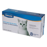 A Petmate Litter Box Liners package in blue and white shows a white cat. It includes 8 extra-large jumbo liners for a litter box, with dimensions at the bottom. The packaging is labeled in Spanish.