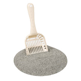 The Petmate Classic Litter Scoop by Petmate, crafted from durable plastic with antimicrobial protection, is a beige scoop partially buried in gray cat litter against a white background. Its slotted design ensures efficient sifting.