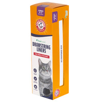 The orange box of Arm & Hammer Drawstring Pan Liners for jumbo litter pans features a gray cat and product benefits, with an E-Z Dispenser Box that cleverly incorporates baking soda for optimal odor control.