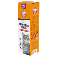 The Arm & Hammer Drawstring Pan Liners box, featuring a gray and white cat, is ideal for jumbo litter pans. These eight liners have a fresh scent and baking soda freshness for your pets hygiene needs.