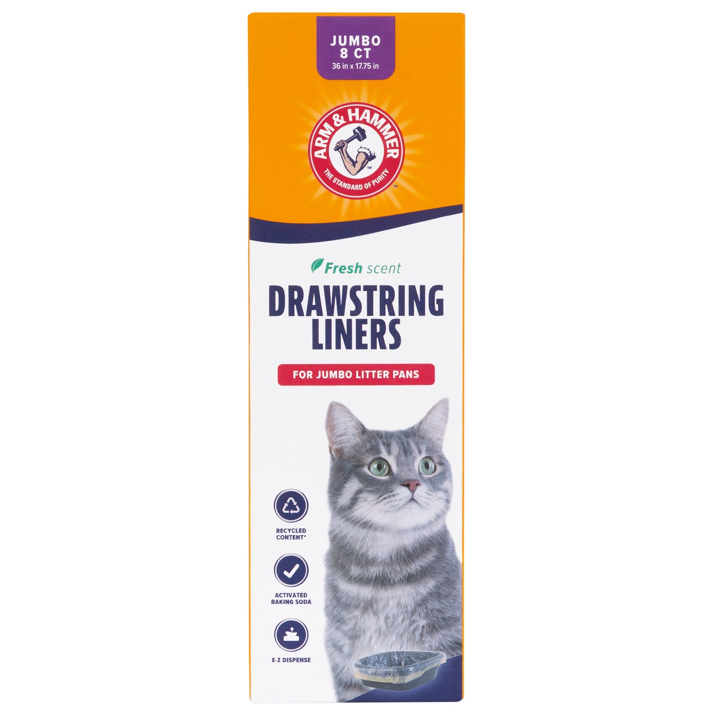 Arm & Hammer Drawstring Pan Liners, ideal for jumbo cat litter pans, feature a unique baking soda formula for freshness. The yellow and blue packaging with a gray cat illustration contains 8 liners per box to ensure lasting freshness.