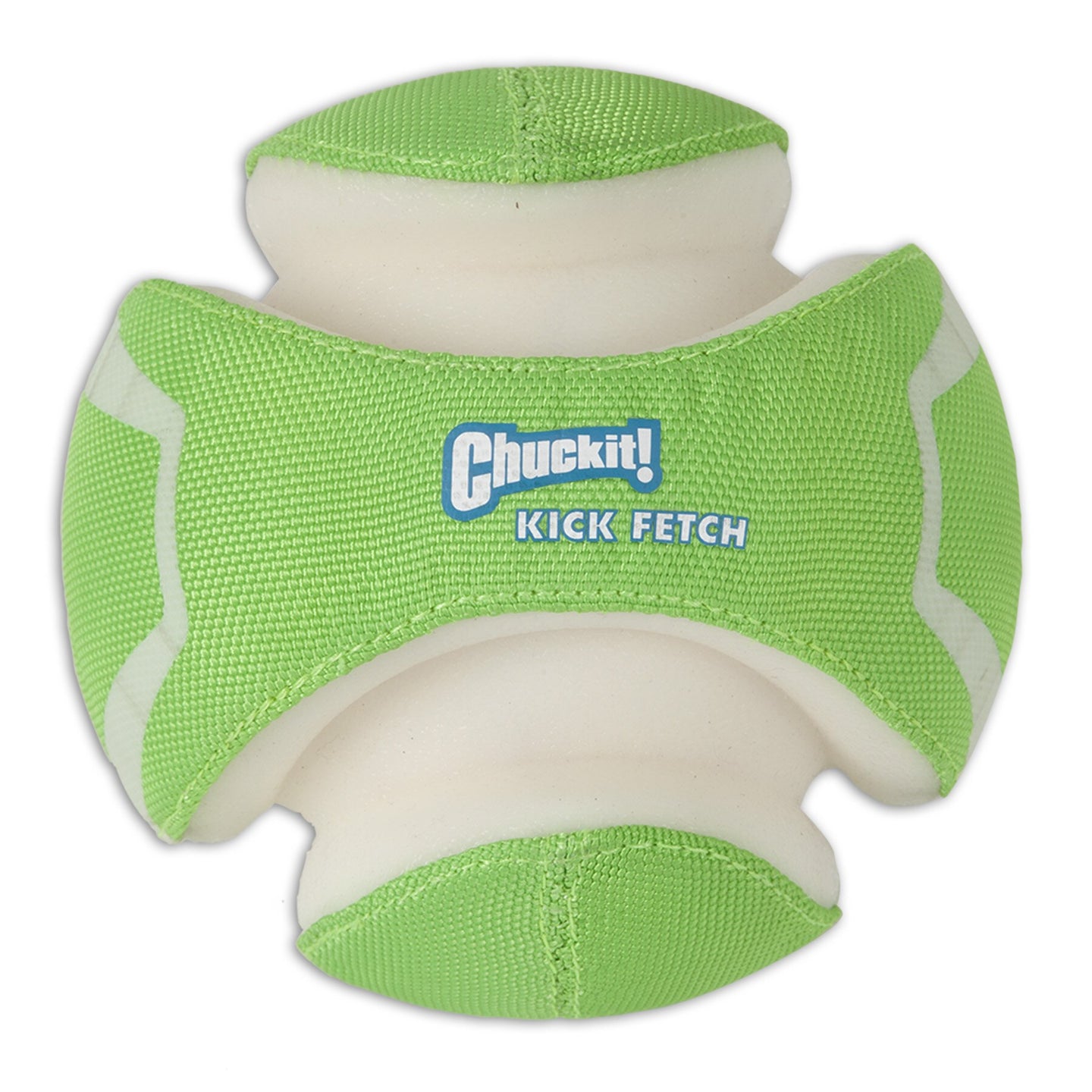 The Chuckit! Kick Fetch Max Glow is a green and white interactive dog toy by Chuckit, designed for kicking and fetching. It features a unique shape with textured panels that aid gripping, and it includes Max Glow photoluminescent material for visibility in low-light conditions.