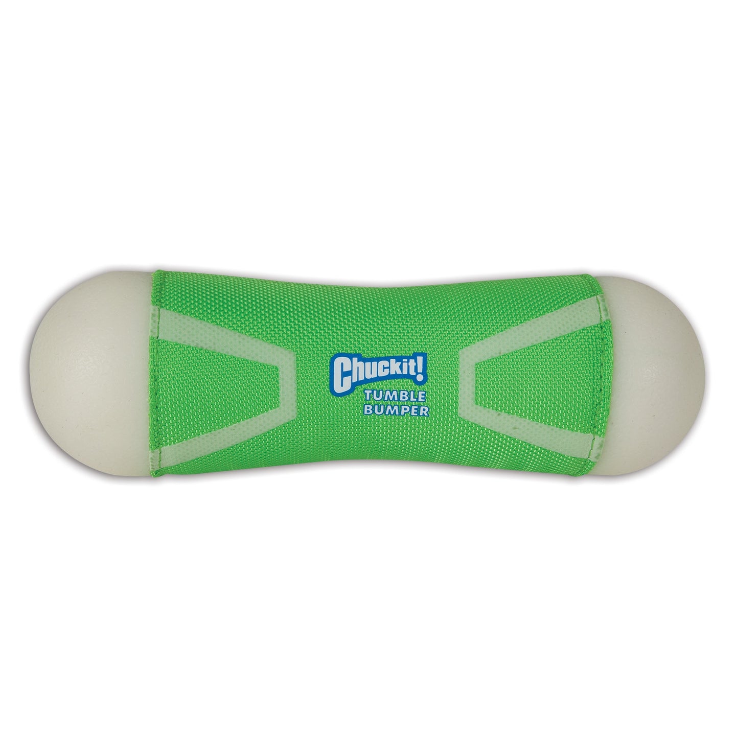 A green cylindrical fetch toy with a concave middle and Chuckit! Tumble Bumper Max Glow in blue and white text at the center. Its designed for exciting games of fetch, featuring white ends.