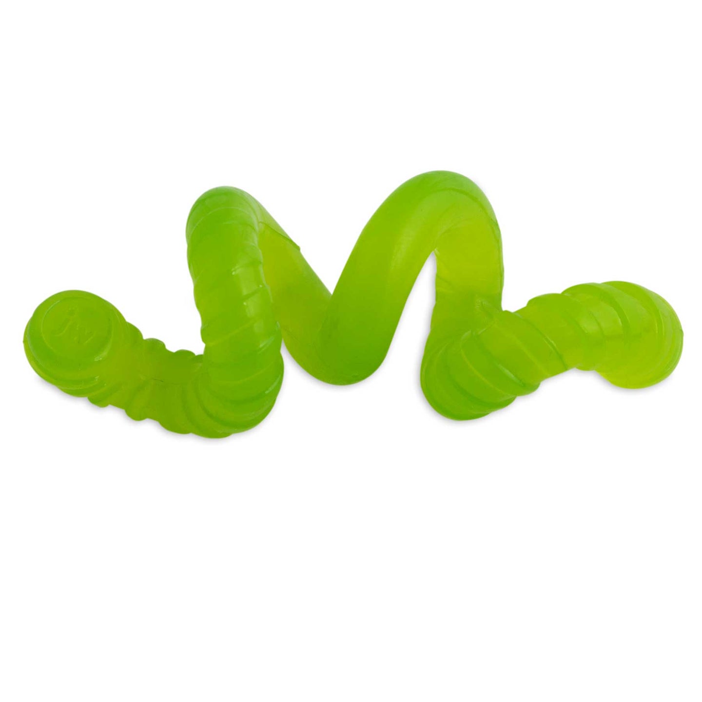 The JW Gumm-EE Worm Dog Toy by Jw is neon green, rubber, and shaped like a twisted worm with segmented details—perfect for treat time and soothing puppy gums.