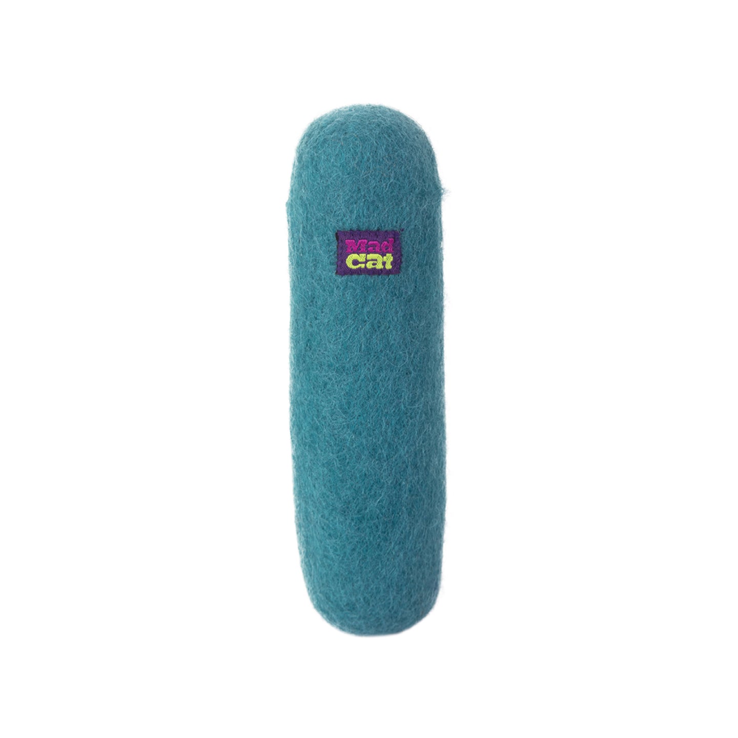 A blue, cylindrical cat toy with a fuzzy texture made from natural wool, featuring a small purple and green Mad Cat label near the top is the Mad Cat Wacky Wool Crinkle Kicker.