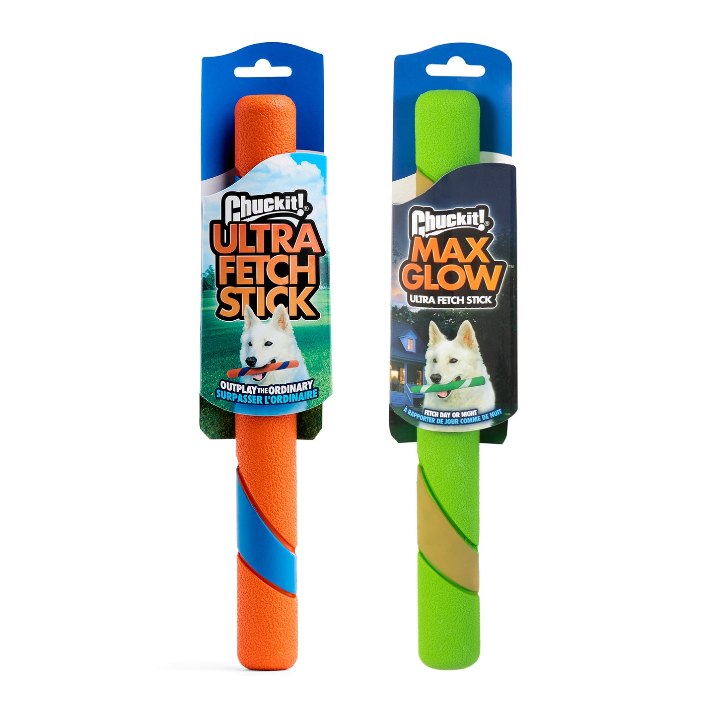 The Petmate Chuckit! Day & Night Ultra Fetch Stick 2 Pack includes an orange-and-blue Ultra Fetch Stick and a glow-in-the-dark Max Glow stick, both in packaging featuring a dog.