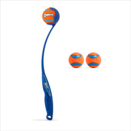 The Petmate Chuckit! Sport 18M Launcher with Ultra Ball Medium 3 Pack features a blue launcher holding an orange and blue fetch ball, plus two matching balls, all shown on a white background.