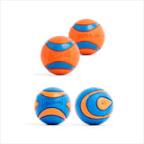 The Petmate Chuckit! Ultra Ball & Ultra Squeaker Medium Assorted 4 Pack includes four orange and blue rubber fetch balls with textured surfaces, unique patterns, and the “Chuckit!” logo, shown on a white background.