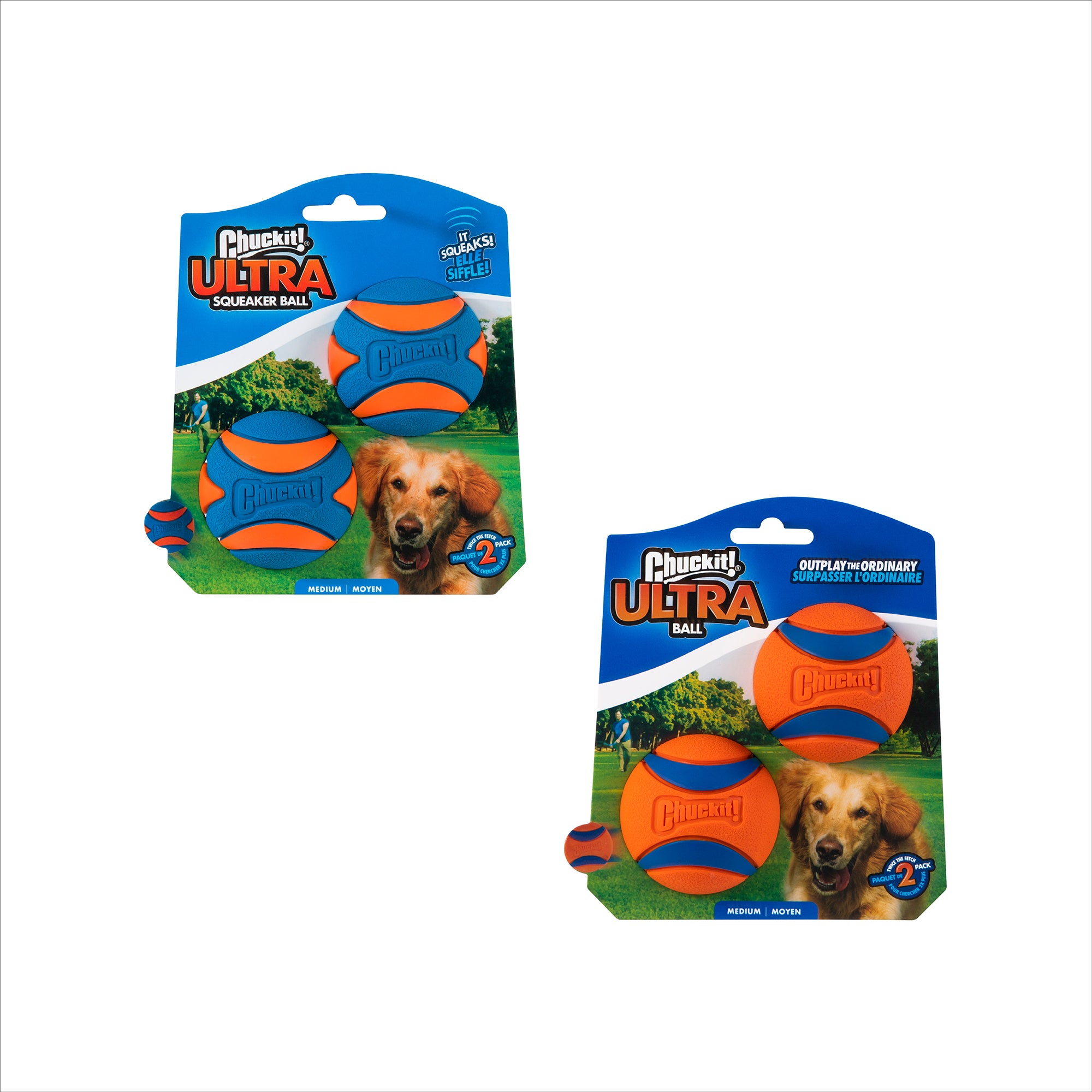 The Petmate Chuckit! Ultra Ball & Ultra Squeaker Medium Assorted 4 Pack includes orange and blue fetch balls, featuring both Ultra Ball and Squeaker Ball designs with dog and product branding on blue backgrounds.