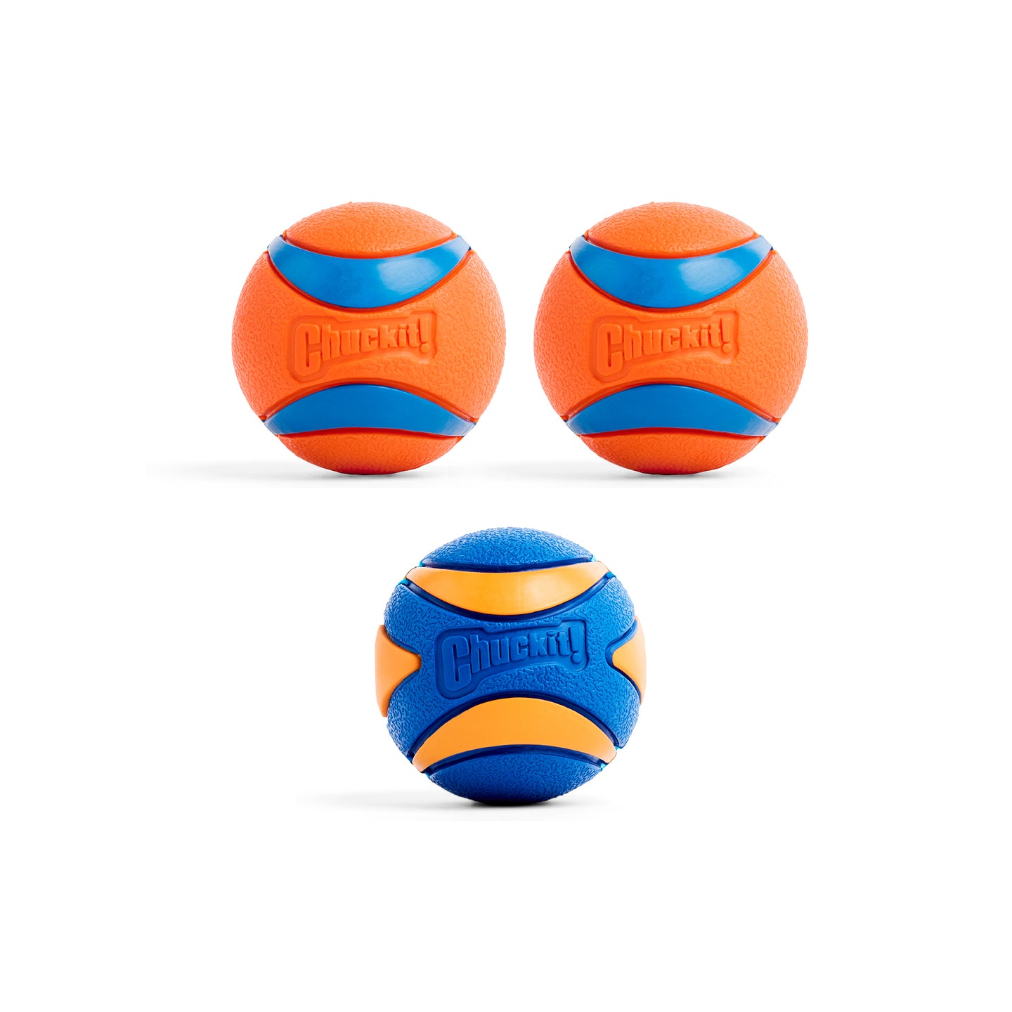 Three Chuckit Ultra Ball & Ultra Squeaker Medium balls from Chuckit are displayed on a white background. These durable fetch toys feature orange and blue stripes, with two at the top and one—an Ultra Squeaker—centered below.