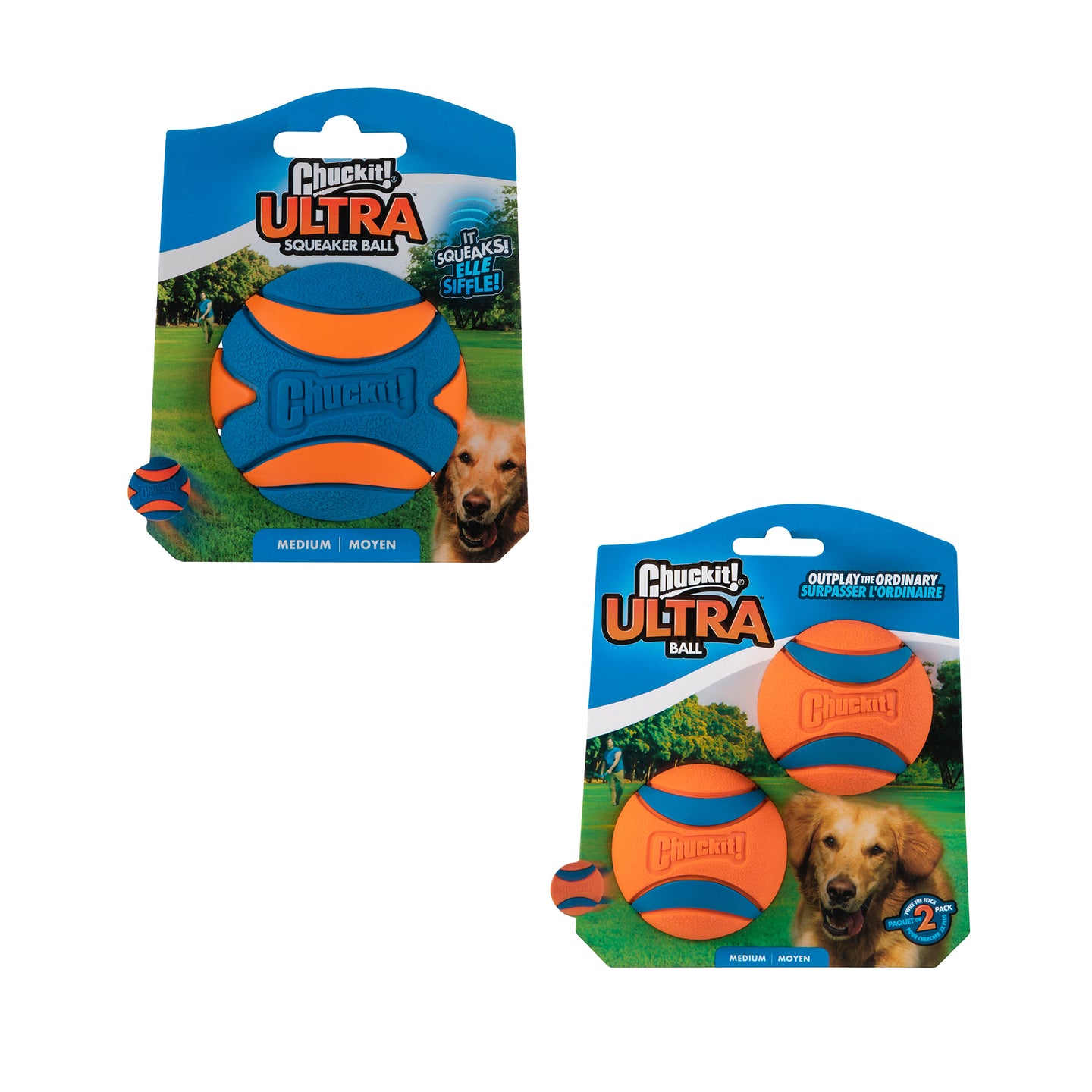 The Chuckit! Ultra Ball & Ultra Squeaker Medium Assorted 3 Pack by Chuckit features three durable blue and orange fetch balls, with images of a golden retriever on the packaging.