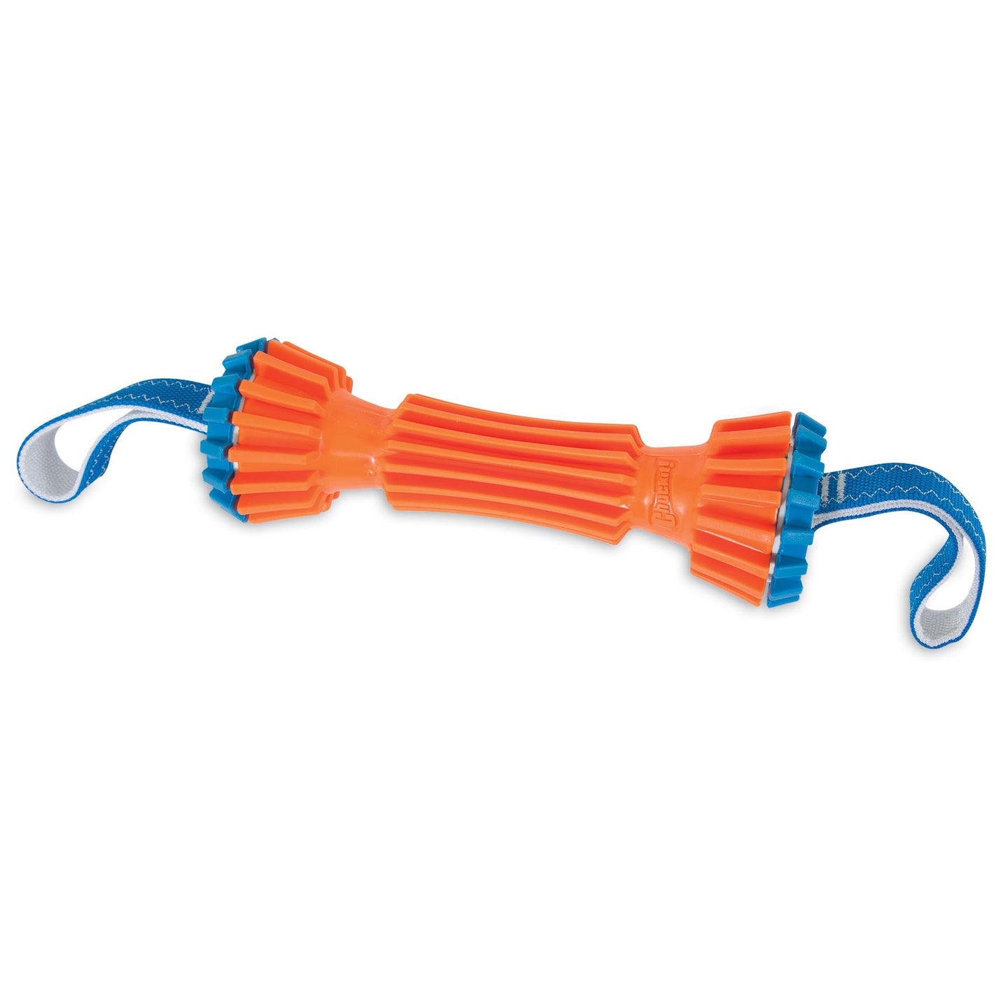 The Chuckit! Rugged Bumper Dog Toy by Chuckit is an orange and blue rubber toy with ribbed textures, two blue fabric handles, and grooves for easy gripping. This cylindrical toy, perfect for fetch and water play, floats effortlessly.