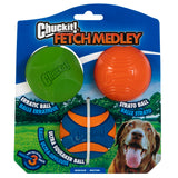 The Chuckit! Fetch Medley 2 packaging highlights three durable natural rubber dog balls: a green Erratic Ball, an orange Strato Ball, and a blue-and-orange Ultra Squeaker Ball. The bottom right features a happy dog image.