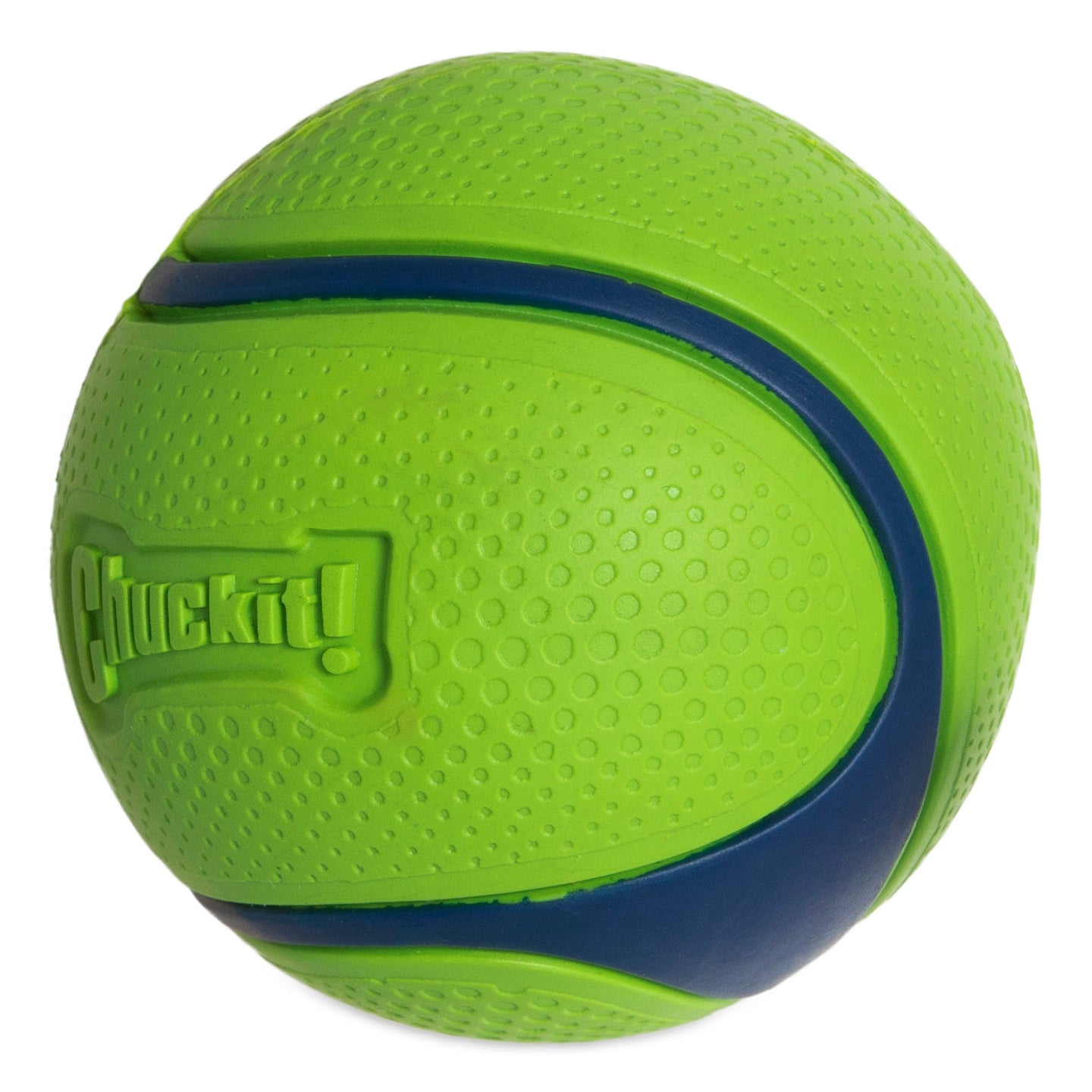 The tennis ball, featuring bold blue stripes on bright green textured natural rubber and embossed with Chuckit!, is designed for high bounce. It offers the same appeal as the Chuckit! Peanut Butter Sniff Fetch Ball.