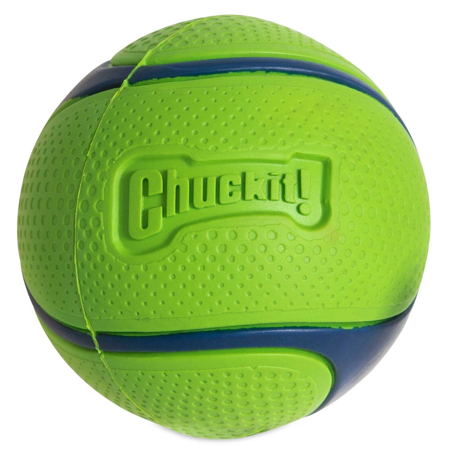 The Chuckit! Peanut Butter Sniff Fetch Ball by Chuckit is crafted from durable natural rubber in bright green with blue accents. It features a textured surface for grip and the iconic Chuckit! logo embossed on one side.