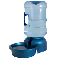 The Petmate Big Blue Bowl by Petmate is a blue plastic water dispenser for outdoor pets, featuring a large clear container and base that directs water into the bowl. It has a handy handle for easy carrying.