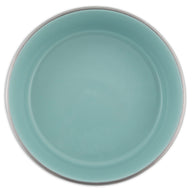 A turquoise round ceramic plate with a smooth surface and raised rim pairs elegantly with Petmates rust-resistant stainless steel bowls for a sophisticated table setting.