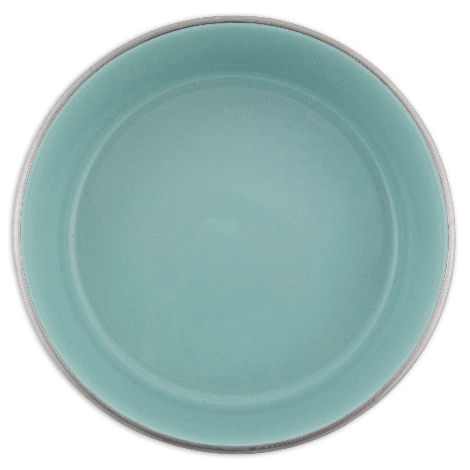 A turquoise round ceramic plate with a smooth surface and raised rim pairs elegantly with Petmates rust-resistant stainless steel bowls for a sophisticated table setting.