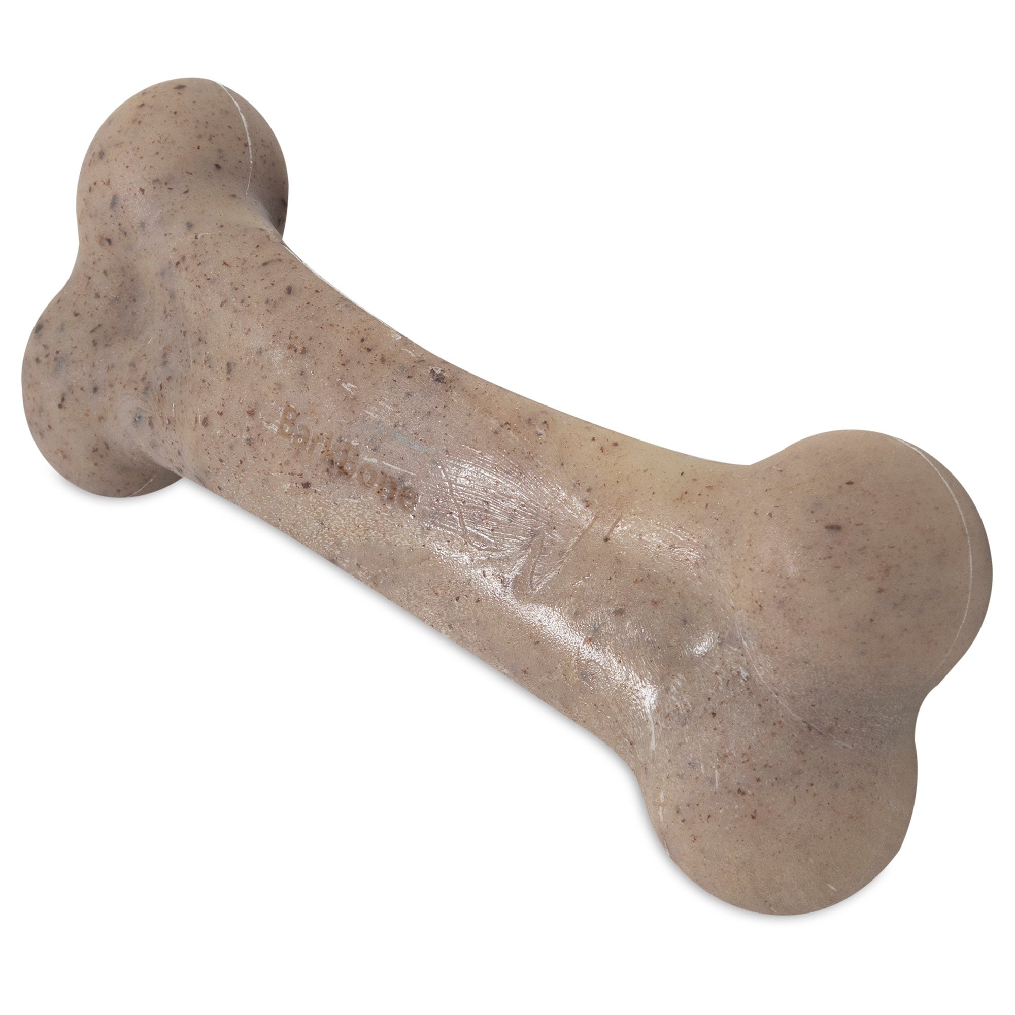 The BarkBone Natural Instincts Bacon-Infused Nylon Dog Chew, by Barkbone Natural Instincts, is a durable beige bone-shaped toy with rounded ends and a textured, bacon-scented surface that entices pets.