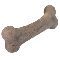 The BarkBone Natural Instincts Bacon-Infused Nylon Dog Chew by Barkbone Natural Instincts is a large, dog bone-shaped toy made from speckled light brown material with bacon pieces, featuring a smooth, slightly curved design and embossed text.