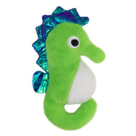The Mad Cat Sea Horse LED Cat Toy is a plush green seahorse with a white belly, facing right. It features a shiny blue iridescent mane and tail fin, along with a large white eye and black pupil. Designed for cats, its soft and fluffy for delightful sensory engagement.