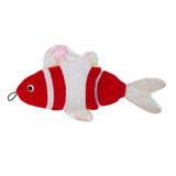 Introducing the Mad Cat Bright Fish Kicker Cat Toy: A plush fish-shaped plaything with a red and white striped body, iridescent fins, catnip, and silvervine. It features a small black eye and a handy string loop near its mouth for endless feline entertainment.