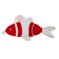 Introducing the Mad Cat Bright Fish Kicker Cat Toy: A plush fish-shaped plaything with a red and white striped body, iridescent fins, catnip, and silvervine. It features a small black eye and a handy string loop near its mouth for endless feline entertainment.