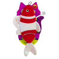 The Mad Cat Bright Fish Kicker Cat Toy is a red and white striped plush fish with shiny fins and an enticing tail, packaged in vibrant cat-themed wrapping. Its infused with catnip and silvervine for extra feline enjoyment.