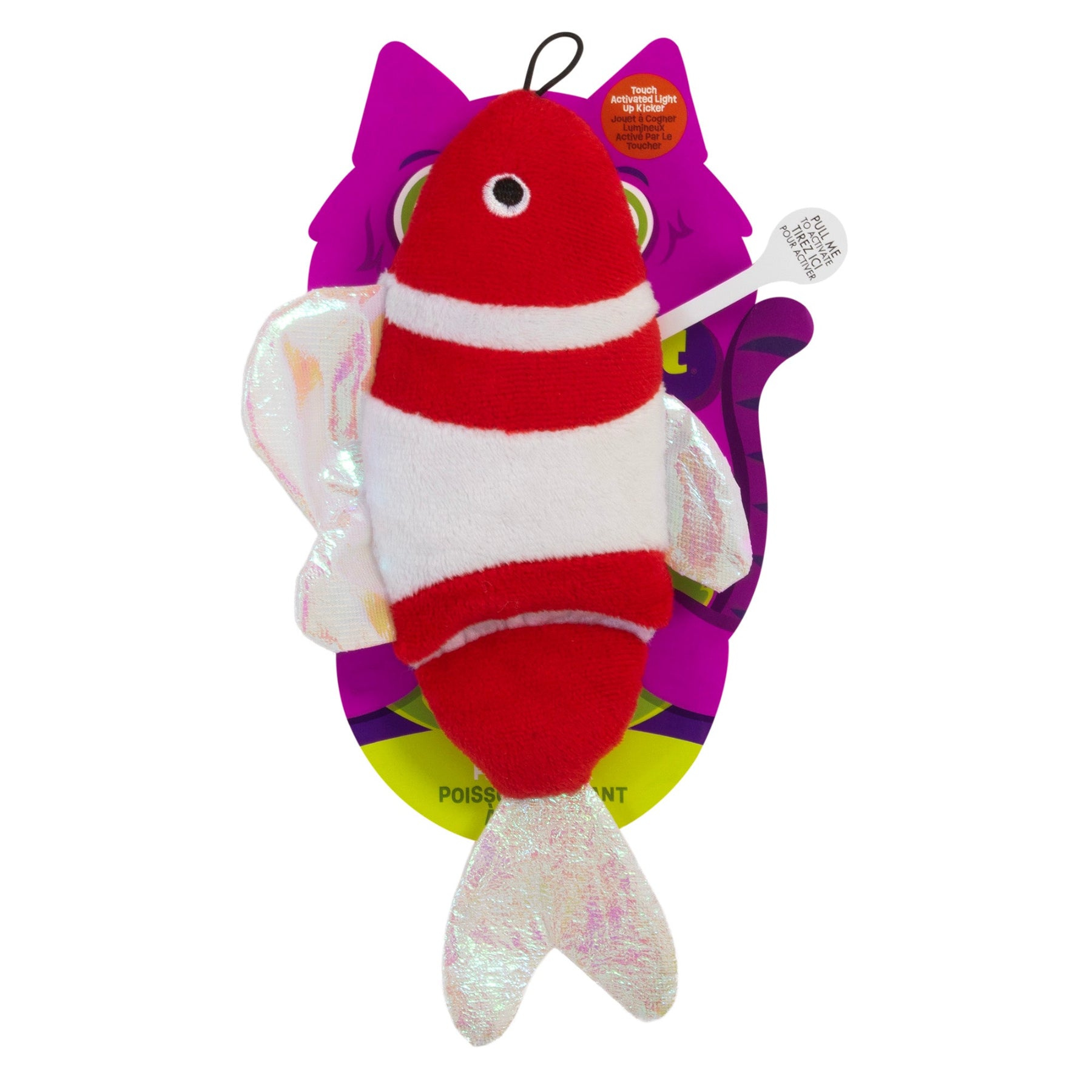 The Mad Cat Bright Fish Kicker Cat Toy is a red and white striped plush fish with shiny fins and an enticing tail, packaged in vibrant cat-themed wrapping. Its infused with catnip and silvervine for extra feline enjoyment.