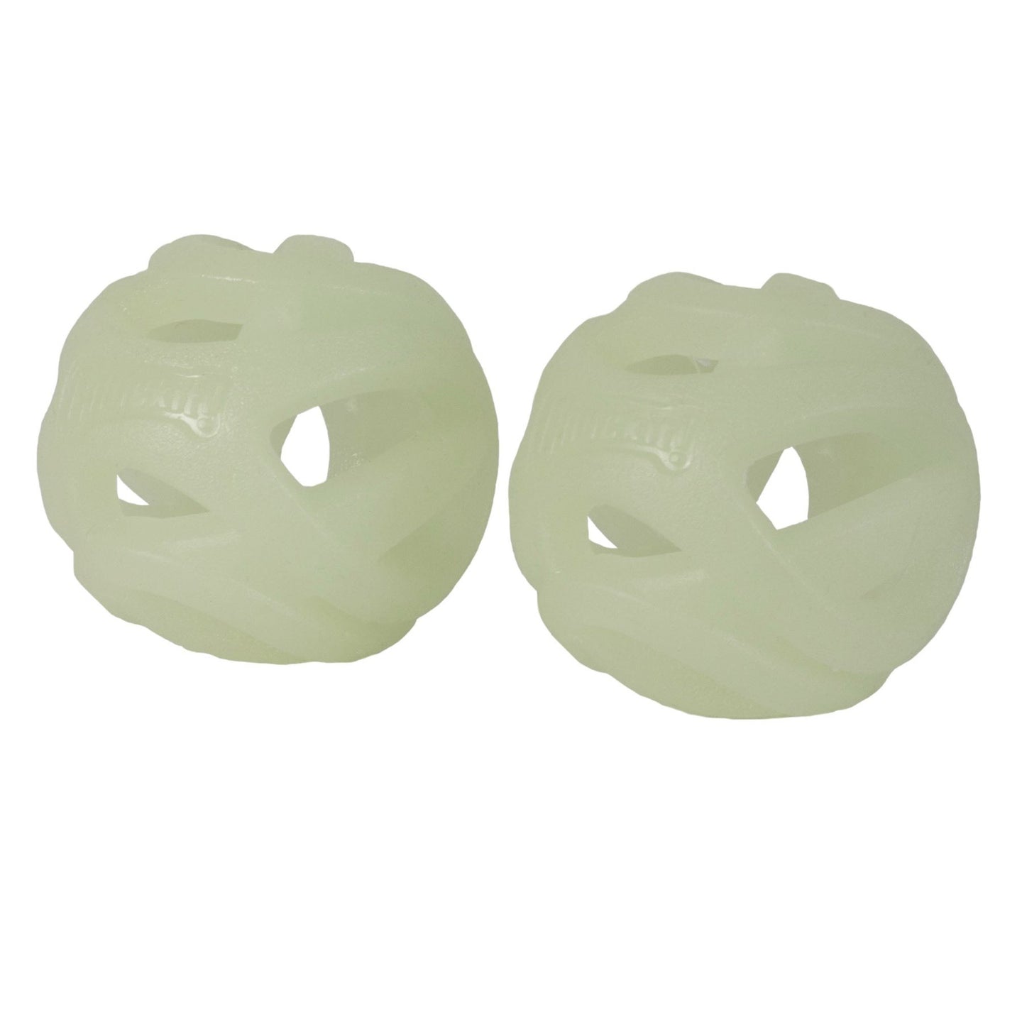 The Chuckit! Max Glow Air Fetch Ball by Chuckit boasts pale green rubber with interlocking, twisty cut-out patterns, a smooth glossy finish, and is designed for durability and fun fetch sessions.