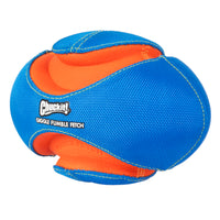The Chuckit! Giggle Fumble Fetch dog toy by Chuckit features a colorful blue textured surface with a bright orange interior, designed for interactive play. It includes durable rubber bite zones and curved sections for easy gripping and playful interaction.